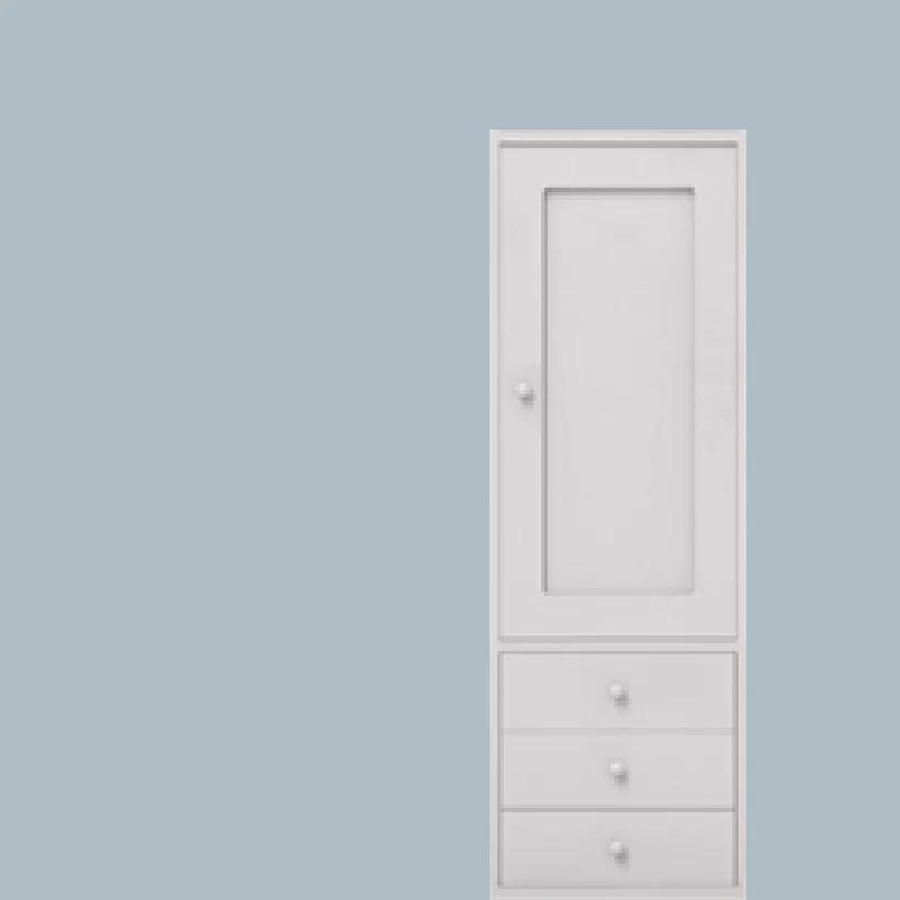 Single cupboard with shelves hinged right + 3 drawer base